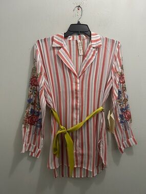 Aratta Red and White Striped Floral-Embroidered Blouse with Lime Tie